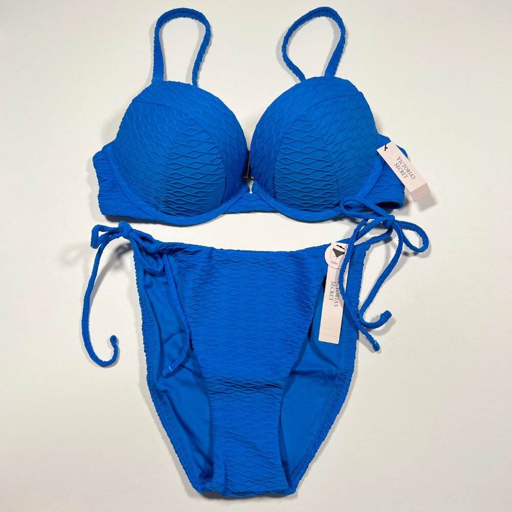 Victoria Secret 32C S SEXY TEE Push Up Bikini Top Bottom Set Textured Blue
